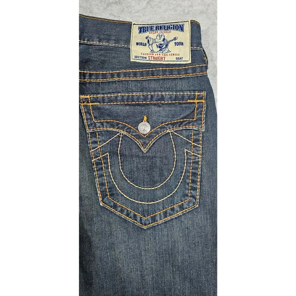 True Religion Men's Dark Wash Contrast Stitch Jeans Size 34 USA Made